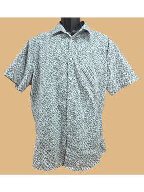 FLX Mens Slim Fit Short Sleeve Geometric Shirt XL Blue & White